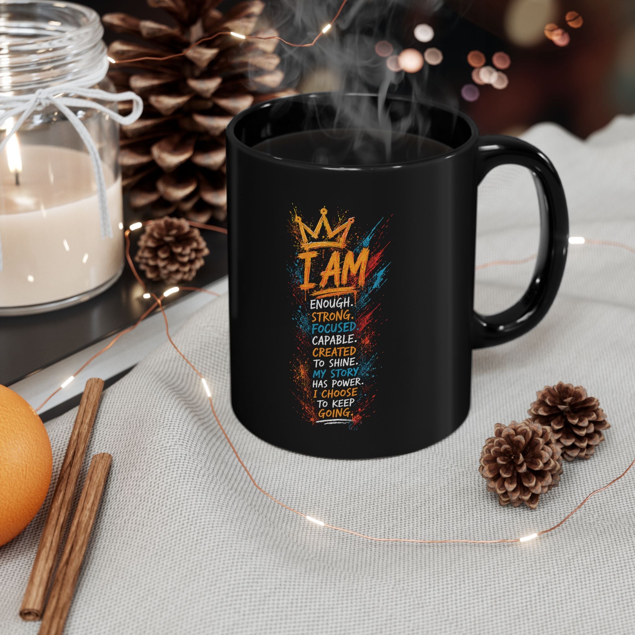 Inspirational 'I AM' Black Mug — Motivational Affirmation Coffee Cup (11oz/15oz)