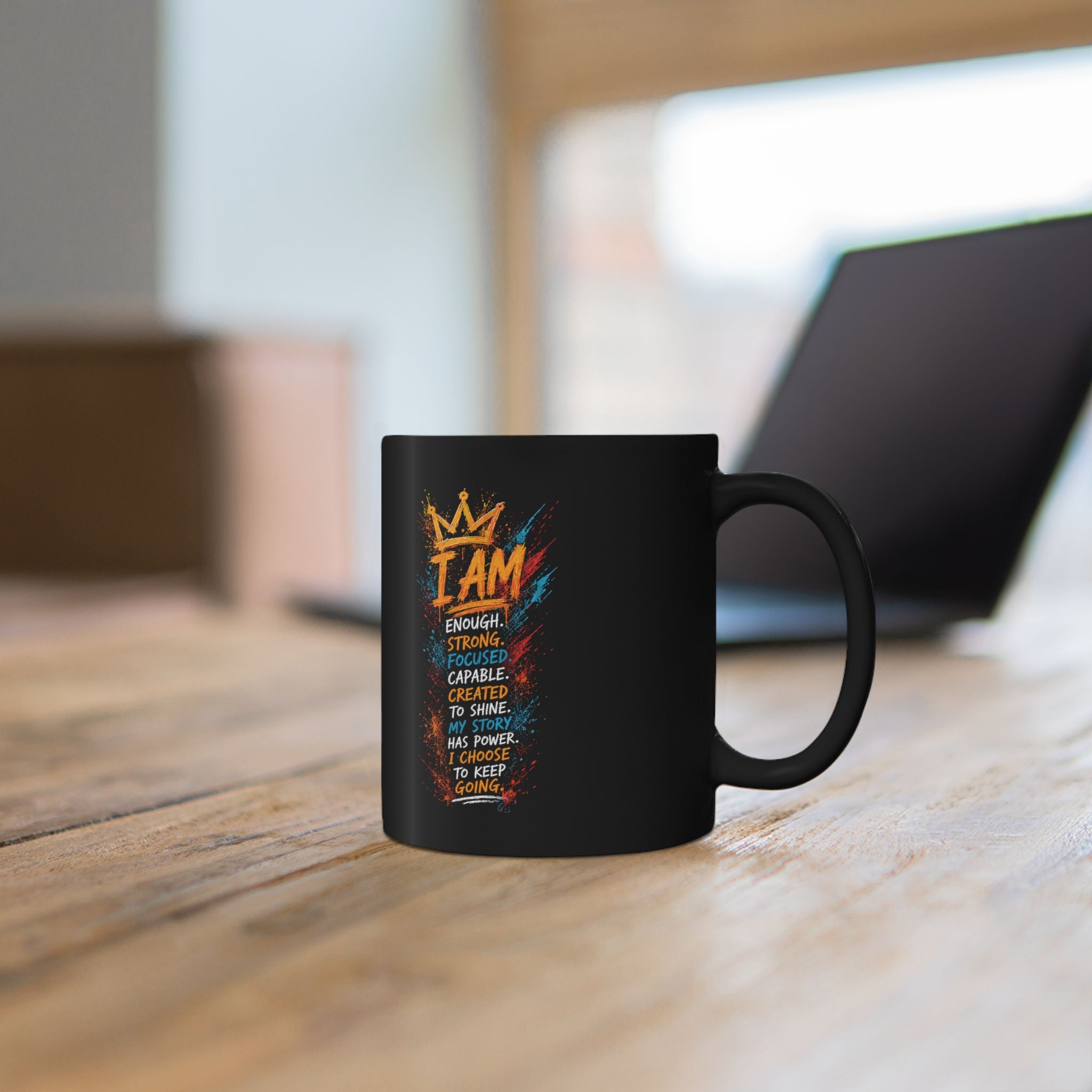 Inspirational 'I AM' Black Mug — Motivational Affirmation Coffee Cup (11oz/15oz)